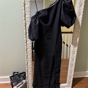 Likely Black One-Shoulder Dress with Puff Sleeve